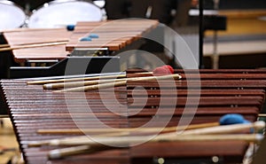 Xylophone or marimba up close with mallets at rest