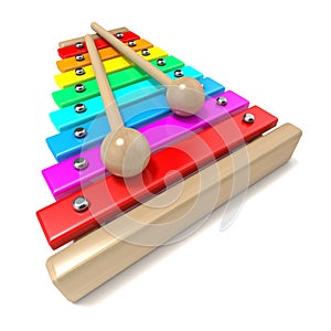 Xylophone with rainbow colored keys and with two wood drum sticks. 3D render