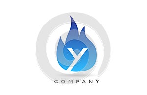 Y blue fire flames alphabet letter logo design. Creative icon template for company and business