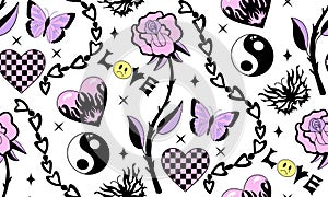 Y2k emo girl glamour pink seamless pattern. Backgrounds in trendy 2000s emo kawaii style. Gothic texture 90s, 00s