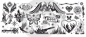 Y2k fire. Flame elements, gothic girly and tribal fonts, angel and heart in 90s style, line tattoo. Black butterfly and