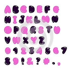 Y2K flat bubble style vector font. Plump rounded English alphabet with numbers in hand drawn 2000s graffiti style photo