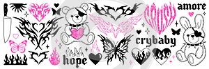 Y2k glamour pink stickers in trendy emo goth 2000s style. Butterfly, kawaii bear, flame, heart etc. photo