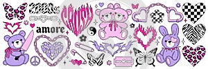 Y2k glamour pink stickers in trendy emo goth 2000s style. Butterfly, kawaii bear, flame, heart etc. photo