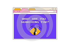 y2k interface, retro groovy psychedelic, window browser with eye, search