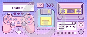 Y2k retro pixel game elements in pastel colors