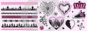 Y2k 2000s cute emo goth aesthetic stickers, tattoo art elements, borders. Vintage pink and black gloomy set. Gothic