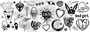 Y2k 2000s cute emo goth aesthetic stickers, tattoo art elements and slogan. black punk rock set. Gothic concept . Vector