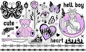 Y2k 2000s cute emo goth aesthetic stickers, tattoo art elements and slogan. Vintage pink and black gloomy set. Gothic