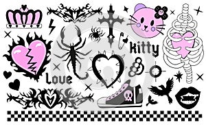 Y2k 2000s cute emo goth aesthetic stickers, tattoo art elements and slogan. Vintage pink and black gloomy set. Gothic