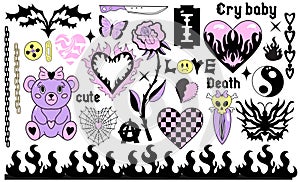 Y2k 2000s cute emo goth aesthetic stickers, tattoo art elements and slogan. Vintage pink and black gloomy set. Gothic