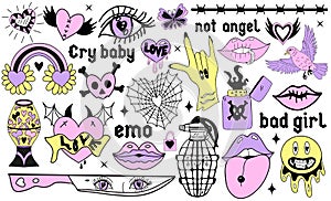 Y2k 2000s cute emo goth aesthetic stickers, tattoo art elements and slogan. Vintage pink and black gloomy set. Gothic