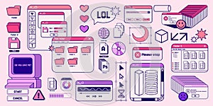 Y2k stickers. Retro vaporwave design. 2000s window aesthetic or kitsch psychedelic art. 90s web PC button. Error message photo