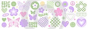 Y2k stickers set. Funny butterfly, daisy, wave, chess, mesh, smile in trendy retro 2000s style. photo