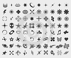Y2K symbols. Retro star icons, trendy acid rave and graphic elements for posters and streetwear fashion design vector photo