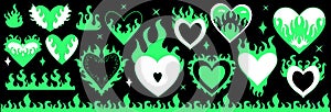 Y2k 2000s cute emo goth burning hearts stickers, tattoo art elements . Burn fire flaming heart for Valentine's day