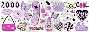 Y2k 2000s Glamorous set. 90s and 2000s style. Nostalgia 00s collection pink with retro phone and fire heart. Vector