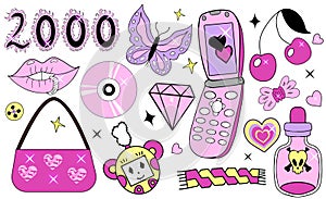 Y2k 2000s Glamorous set. 90s and 2000s style. Nostalgia 00s collection pink with retro phone and fire heart. Vector