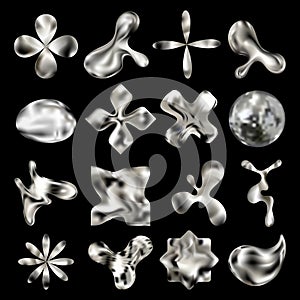 Y2K chrome elements collection for design.Vector set of simple geometric shapes with a shiny metallic effect