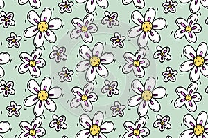 Y2k daisy pattern, simple doodle drawing seamless vector background