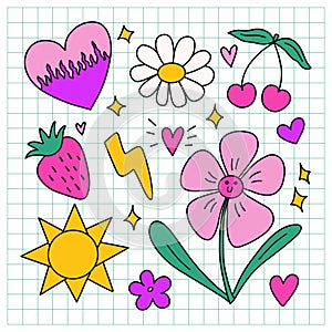 y2k doodle clip art elements set. Outlined bright colorful design elements - smiling daisy flower, hearts, strawberry