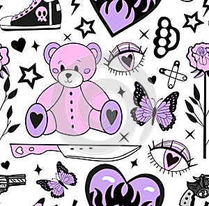 Y2k emo girl glamour pink seamless pattern. Backgrounds in trendy 2000s emo kawaii style. Gothic texture 90s, 00s