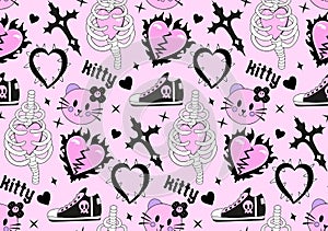 Y2k emo girl glamour pink seamless pattern. Backgrounds in trendy 2000s emo kawaii style. Gothic texture 90s, 00s