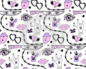 Y2k emo girl glamour pink seamless pattern. Backgrounds in trendy 2000s emo kawaii style. Gothic texture 90s, 00s