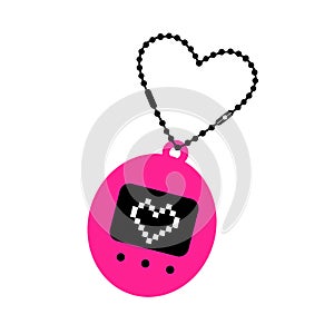 Y2k glamour pink and black clipart of old pocket game device. 2000s pink emo retro tamagotchi, childhood nostalgia