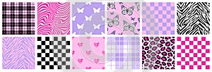 Y2k glamour pink seamless patterns. Backgrounds in trendy emo goth 2000s style.