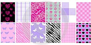 Y2k glamour pink seamless patterns. Backgrounds in trendy emo goth 2000s style