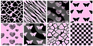 Y2k glamour pink seamless patterns.Backgrounds in trendy emo goth 2000s style.