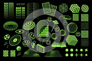 Y2k grid shapes, geometry wireframes. Cool acid rave frames, cyber and psychedelic retro neon techno art. Isolated decor