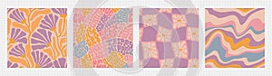 Y2k groovy summer seamless pattern set - floral, lettering, checkered, marble.