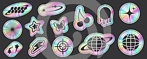 Y2k holographic stickers set. Retro gradient foil shapes and labels. Futuristic rave neon collection. Textured graphic