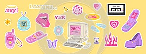 Y2k icons set. Vintage old phone, computer, flame, stickers. 2000s. Vector
