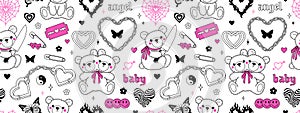 Y2k pink goth semless pattern in trendy emo 2000s style. Butterfly kawaii bear heart tattoo etc.