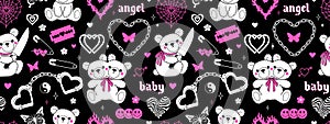 Y2k pink goth semless pattern in trendy emo 2000s style. Butterfly kawaii bear heart tattoo etc.