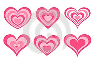 Y2k pink hearts. Groovy girly retro shapes. Aesthetic trendy design elements. Set of Valentine abstract stickers. Vector