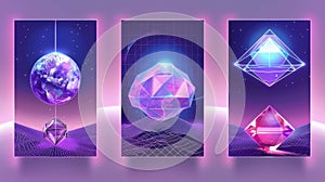 Y2K retro geometric posters with 3D wireframe globe, torus, diamond shape elements and text on mesh landscape background