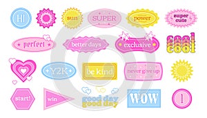 Y2K retro labels with short phrases and motivations, sticker pack, vector collection of tags and stickers