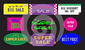 Y2k sale sticker pack. Cool trendy discount labels. Vector badges