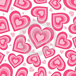 Y2k seamless pattern with hearts. Retro abstract groovy background. Pink funky vector wallpaper for Valentine day. Girly