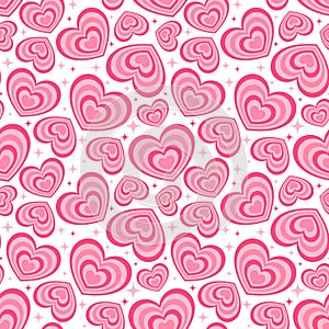 Y2k seamless pattern with hearts. Retro abstract groovy background. Pink funky vector wallpaper for Valentine day. Girly