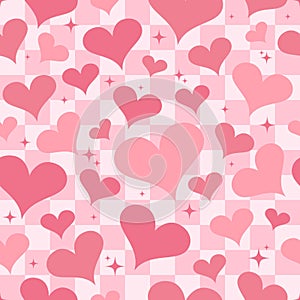 Y2k seamless pattern with hearts. Retro abstract groovy background. Pink funky vector wallpaper for Valentine day. Girly