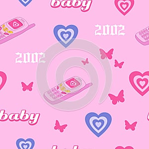 Y2k seamless pattern. Old phone, 2000s, hearts, butterfly. Vector