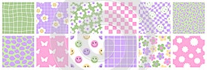Y2k seamless patterns with butterfly, daisy, wave, chess, mesh, smile in trendy retro 2000s style.