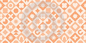 Y2k shape seamless pattern, geometric peach fuzz background, abstract retro cloth print, groovy element. Color palette 2024 year.