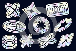 Y2K stickers with hologram gradient. Retro foil labels set with rainbow silver texture. 2000s metal vector realistic