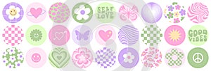 Y2k stickers set. Funny butterfly, daisy, wave, chess, mesh, smile in trendy retro 2000s style.